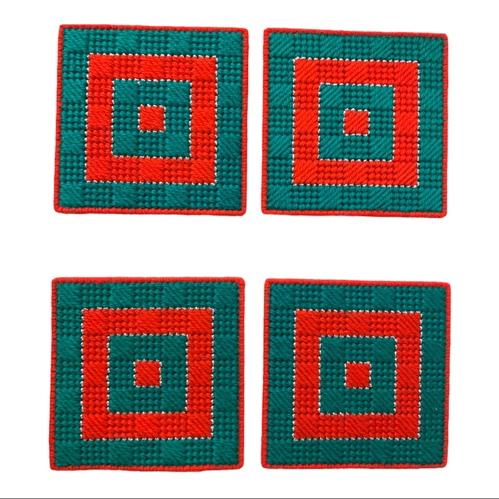 Vintage Handmade Knitted Christmas Drink Coasters Set of 4 - just like grandma’s